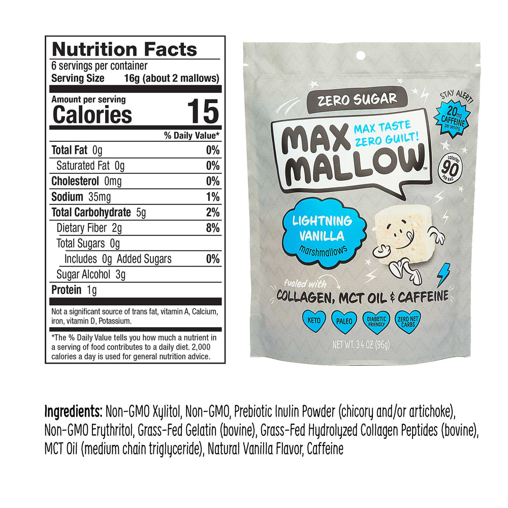 Sugar-Free Max Mallows, Lightning Vanilla front view with nutrition lable